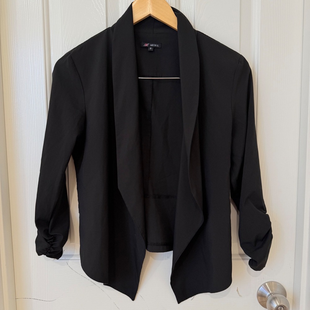 Michel Womens Black Open Front Blazer Ruched 3/4 Sleeve Shawl Collar J7037 M